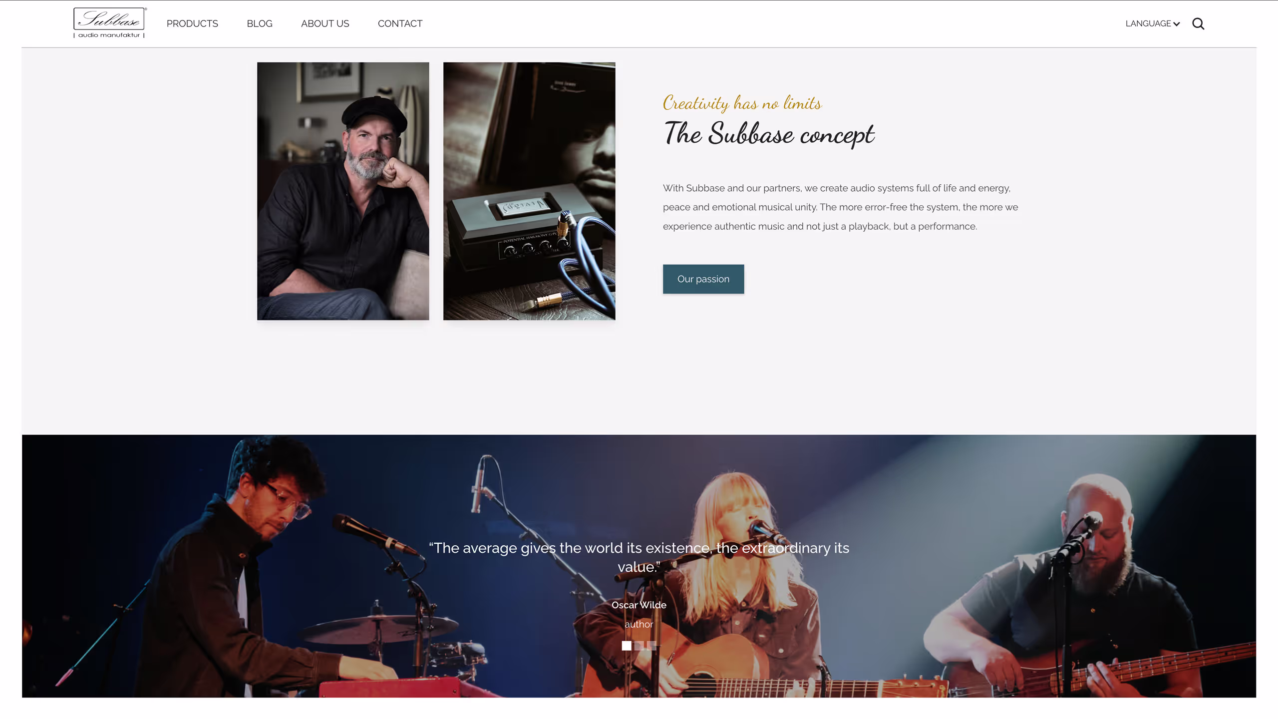 Screenshot of the Subbase Audio homepage